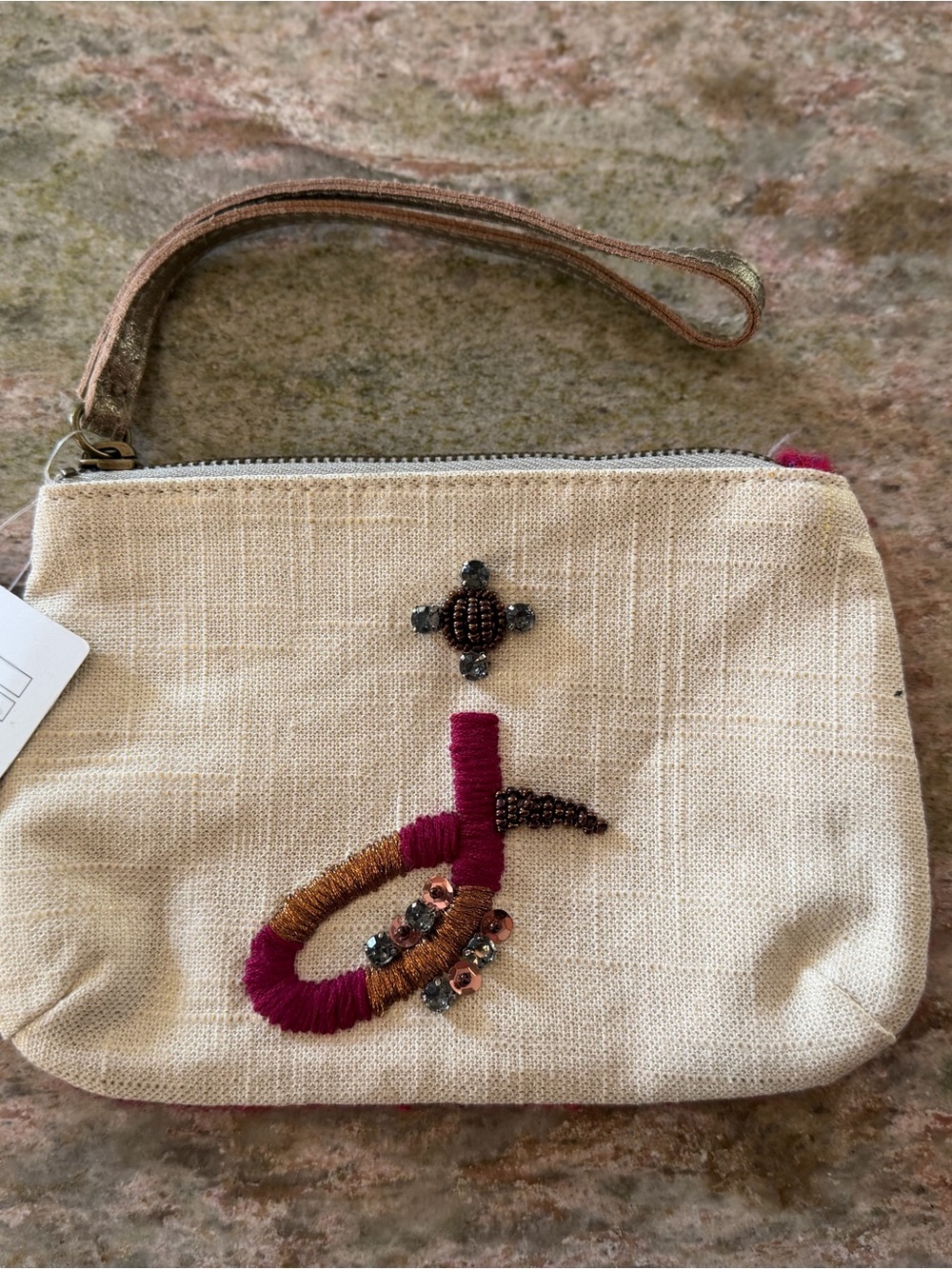 NWT Anthropologie Cream Wristlet Clutch with Pink & Brown Embroidery